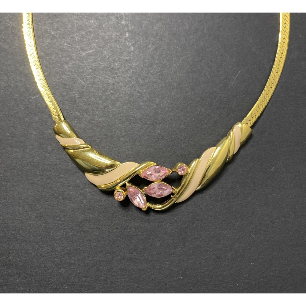 Vintage TRIFARI Pink Rhinestone Enamel Art Deco Gold Tone Statement Necklace
